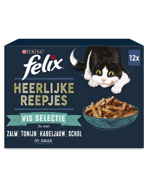 Felix Maaltijdzakjes Heerlijke Reepjes Vis Selectie Box - Kattenvoer - Zalm Tonijn Kabeljauw 12x85 g