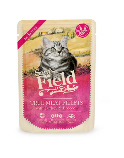 Sam's Field Kitten Maaltijdzakjes True Meat Filets - Kattenvoer - Kip Kalkoen Broccoli 85 g