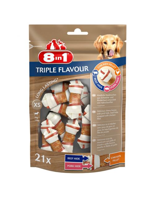 8in1 Delights Kauwknook Triple Flavour - Hondensnacks - Kip Varken Rund 294 g 21 stuks Xs