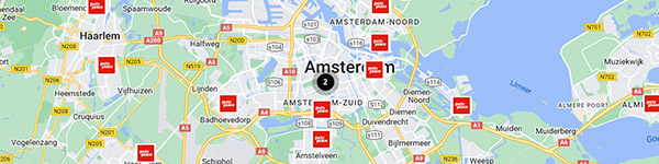 Kaart met dierenwinkels in Amsterdam
