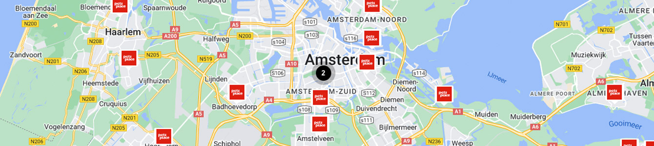 Kaart met dierenwinkels in Amsterdam