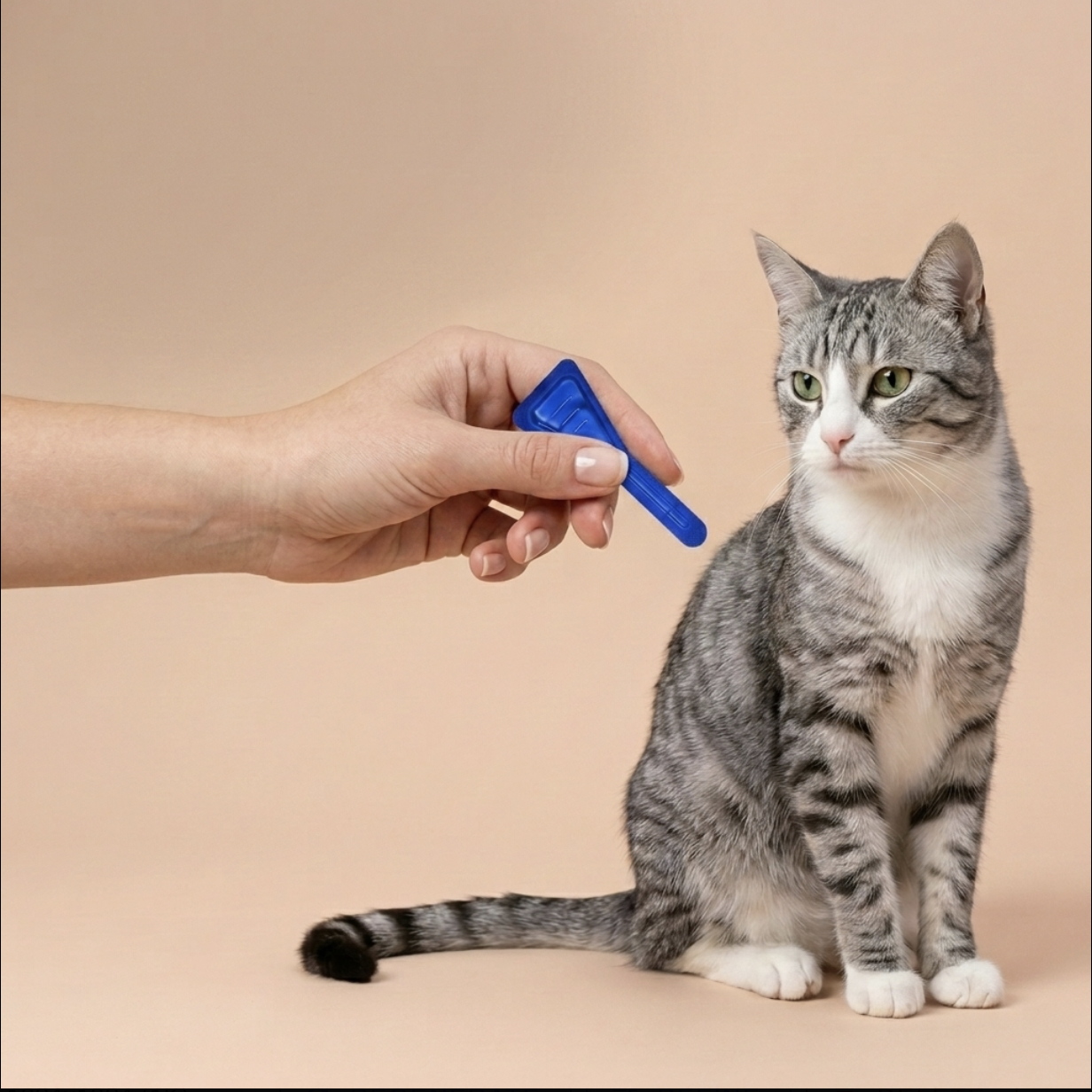 Grijze kat krijgt een pipetbehandeling tegen vlooien of teken.